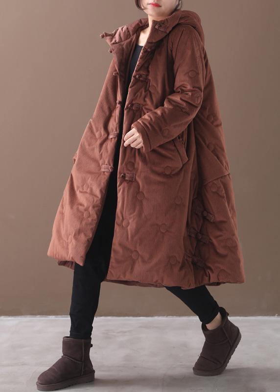 Elegant brown outwear trendy plus size warm winter coat Chinese Button hooded coats