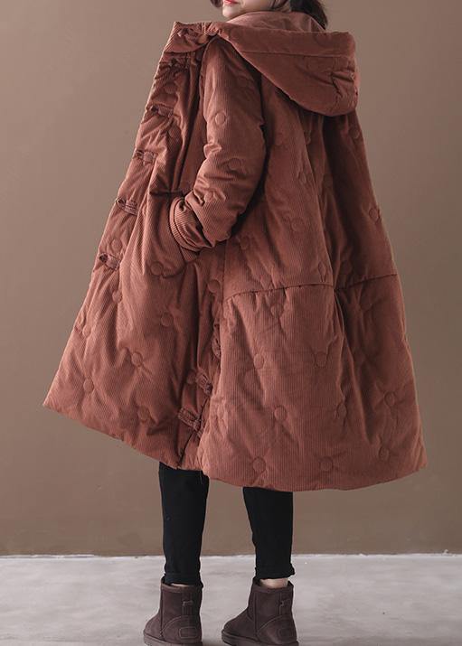 Elegant brown outwear trendy plus size warm winter coat Chinese Button hooded coats