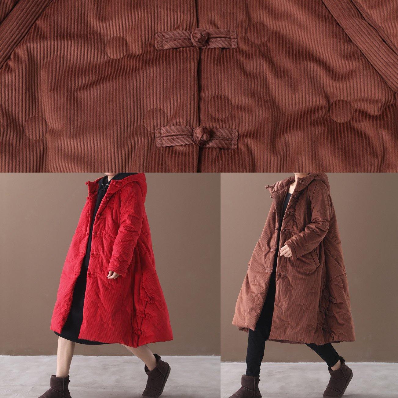 Elegant brown outwear trendy plus size warm winter coat Chinese Button hooded coats