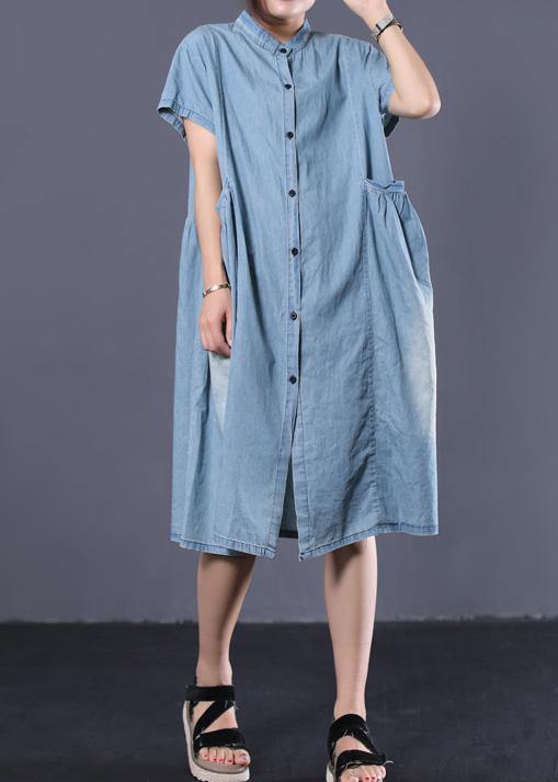 Elegant denim blue cotton clothes Women Cinched pockets long summer Dresses