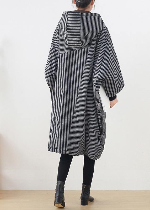 Elegant gray striped womens coats oversized winter hooded patchwork outwear