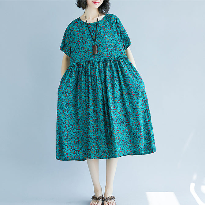 Elegant green cotton linen shift dress oversized maxi dress Fine short sleeve O neck floral cotton linen clothing