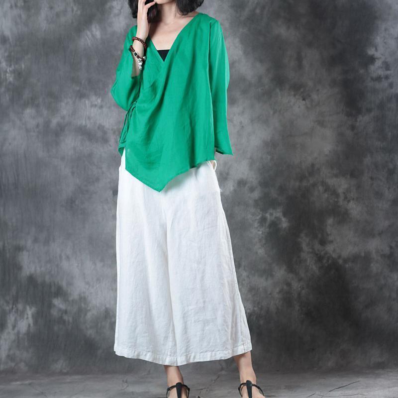 Elegant green midi linen pullover Loose fitting holiday tops vintage half sleeve v neck tie waist brief t shirt