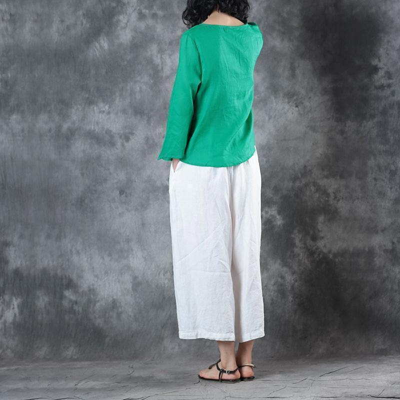 Elegant green midi linen pullover Loose fitting holiday tops vintage half sleeve v neck tie waist brief t shirt