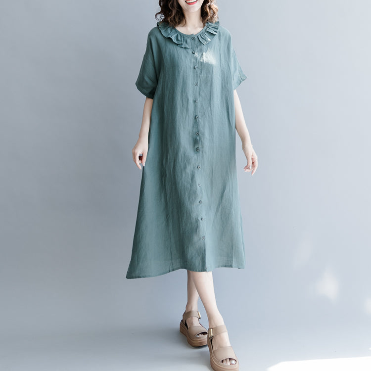 Elegant green natural cotton linen dress trendy plus size holiday dresses casual short sleeve patchwork Peter pan Collar pockets knee dresses