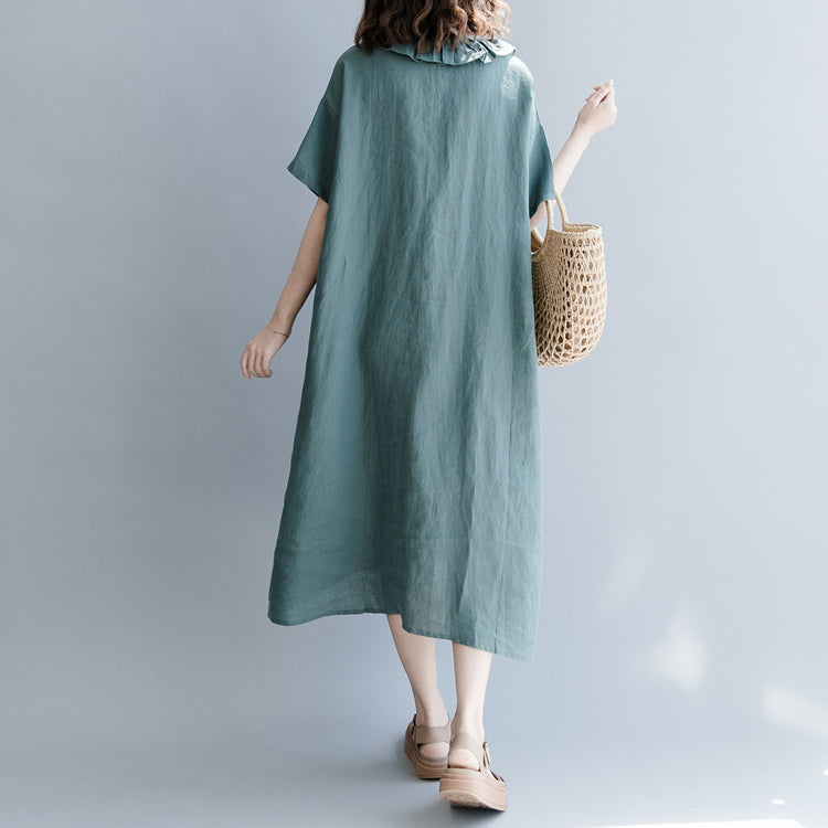 Elegant green natural cotton linen dress trendy plus size holiday dresses casual short sleeve patchwork Peter pan Collar pockets knee dresses