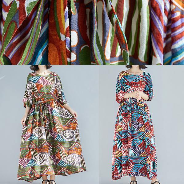 Elegant green print cotton clothes o neck large hem Maxi summer Dress