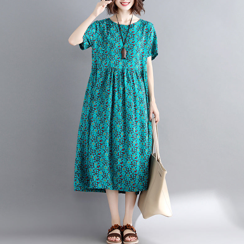 Elegant green print cotton linen maxi dress trendy plus size short sleeve long dresses New o neck clothing dresses