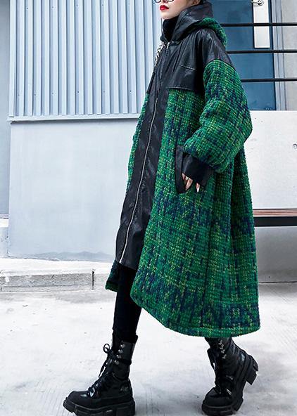 Elegant green woolen coats Loose fitting medium length coat patchwork hooded woolen outwear