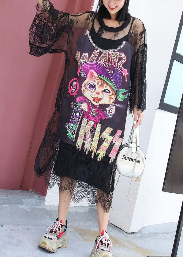 Elegant hollow out Tunics Outfits black prints Maxi Dress summer