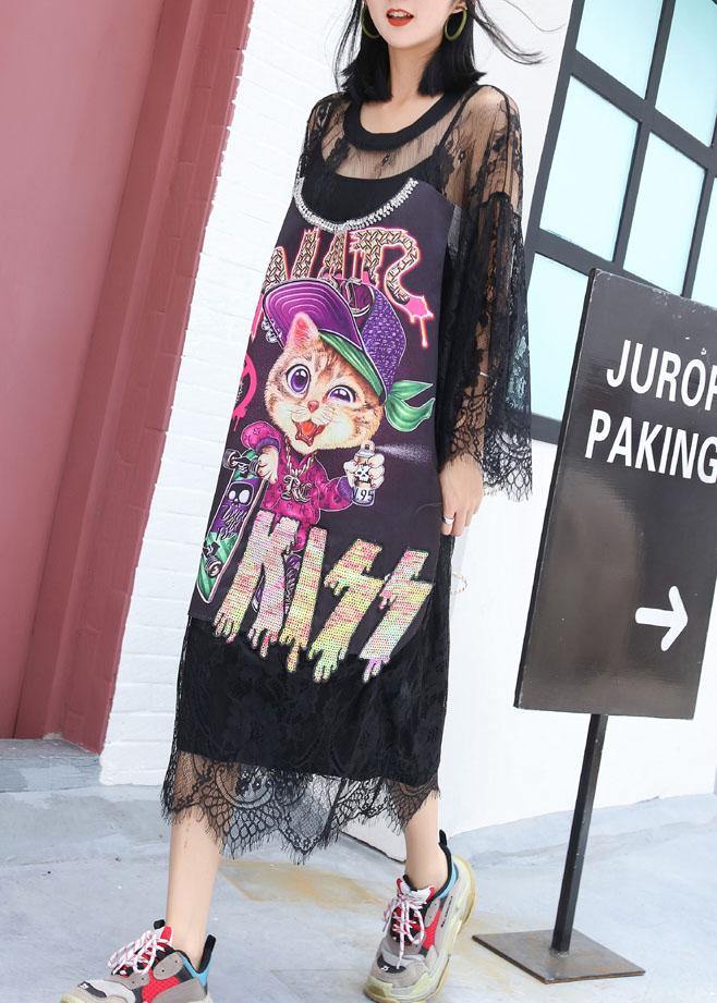 Elegant hollow out Tunics Outfits black prints Maxi Dress summer