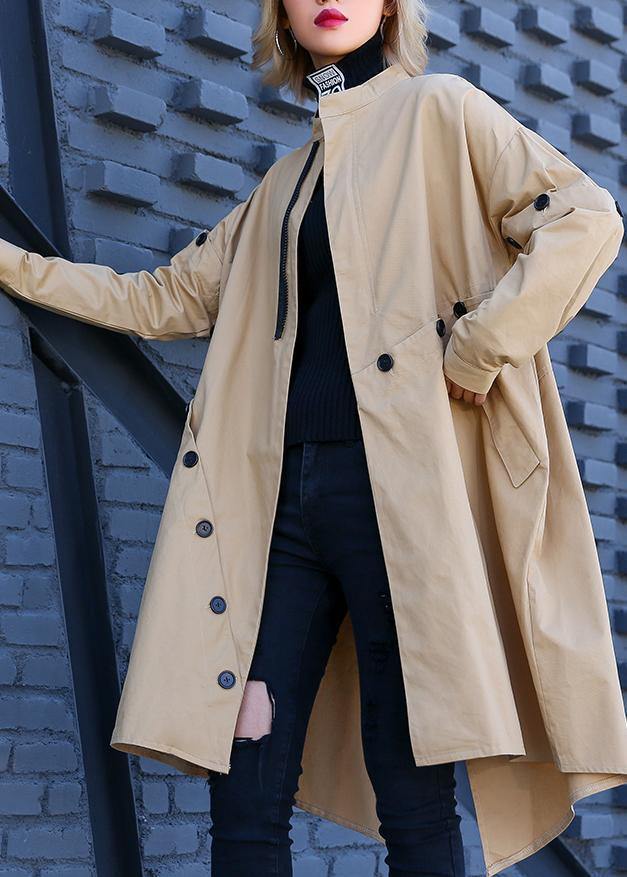 Elegant khaki Coat Women plus size medium length stand collar asymmetric coat