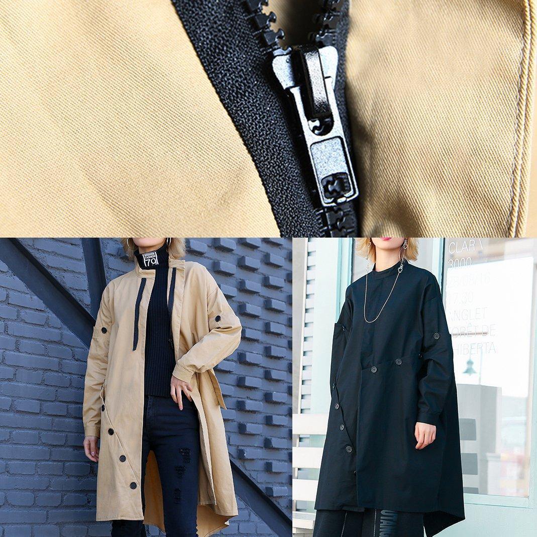 Elegant khaki Coat Women plus size medium length stand collar asymmetric coat