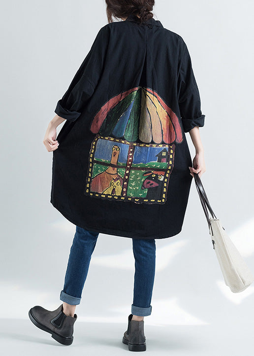 Elegant lapel print cotton tunic pattern Plus Size design black Knee shirts spring