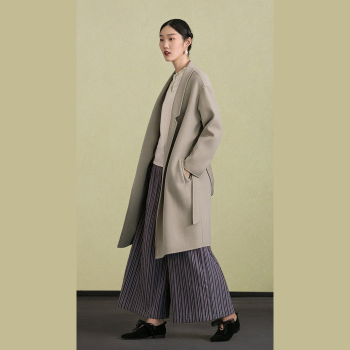 Elegant light gray wool coat casual stand collar winter coat tie waist women coats