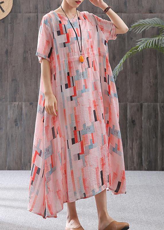 Elegant linen clothes fine Print Short Sleeve A-Line Round Neck Dress