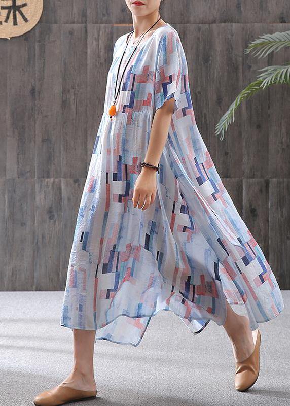 Elegant linen clothes fine Print Short Sleeve A-Line Round Neck Dress