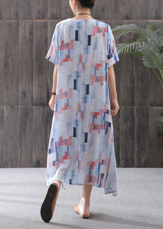 Elegant linen clothes fine Print Short Sleeve A-Line Round Neck Dress