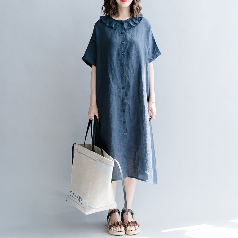 Elegant navy cotton linen dress casual dress fine short sleeve patchwork Peter pan Collar pockets cotton linen dresses