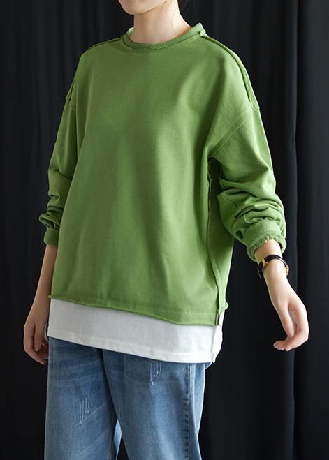 Elegant o neck false two pieces cotton linen tops women green top fall