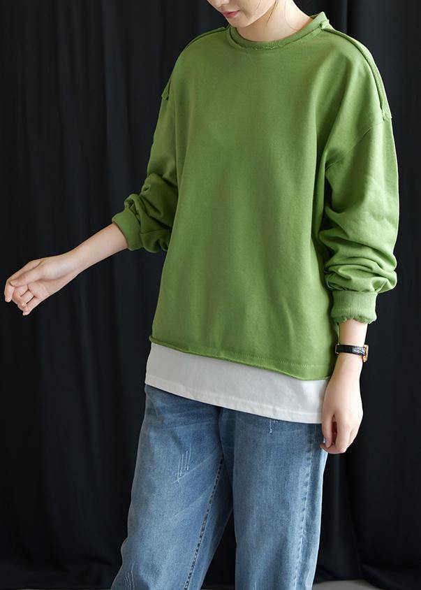 Elegant o neck false two pieces cotton linen tops women green top fall