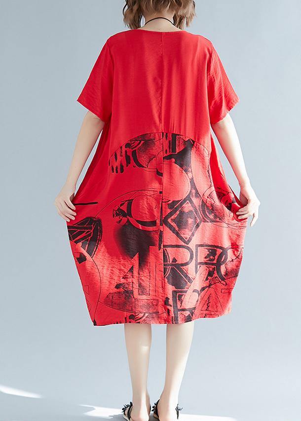 Elegant o neck patchwork linen cotton clothes Women stylish Sewing red print shift Dresses Summer