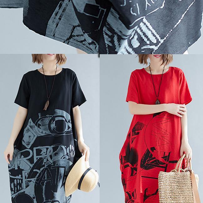 Elegant o neck patchwork linen cotton clothes Women stylish Sewing red print shift Dresses Summer