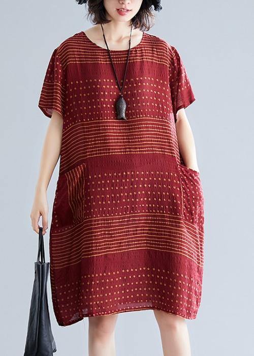 Elegant o neck pockets Cotton quilting dresses Runway burgundy dotted Dress