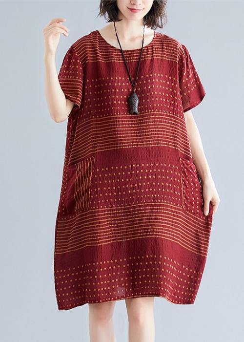 Elegant o neck pockets Cotton quilting dresses Runway burgundy dotted Dress