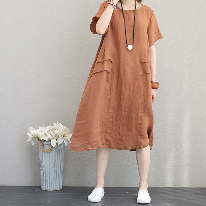 Elegant orange khaki linen shift dresses oversized linen cotton dress 2018 o neck patchwork cotton dresses