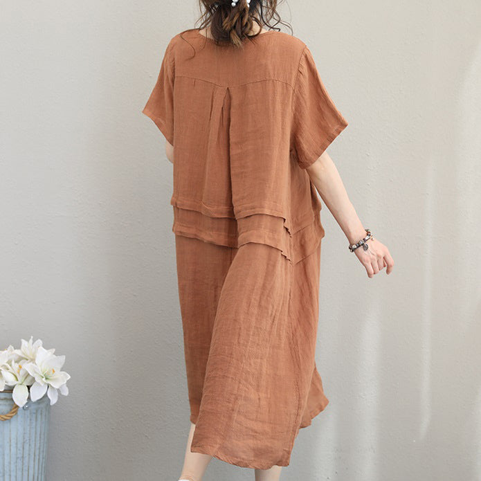 Elegant orange khaki linen shift dresses oversized linen cotton dress 2018 o neck patchwork cotton dresses