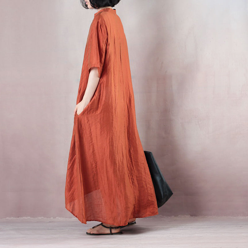 Elegant orange linen caftans plus size v neck asymmetrical design caftans casual short sleeve baggy dresses gown