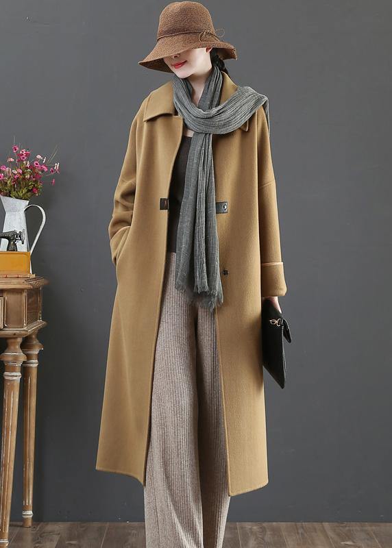 Elegant oversize Coats winter woolen outwear brown lapel pockets wool coat for woman