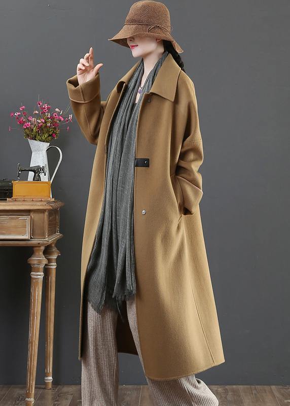 Elegant oversize Coats winter woolen outwear brown lapel pockets wool coat for woman