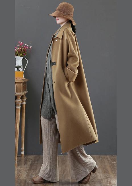 Elegant oversize Coats winter woolen outwear brown lapel pockets wool coat for woman