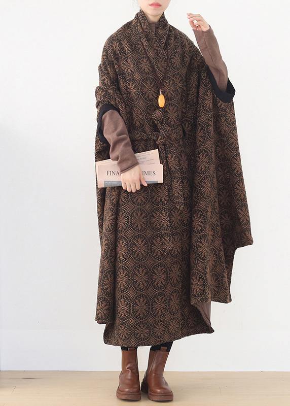 Elegant oversized mid-length coats winter brown Batwing Sleeve v neck woolen outwear