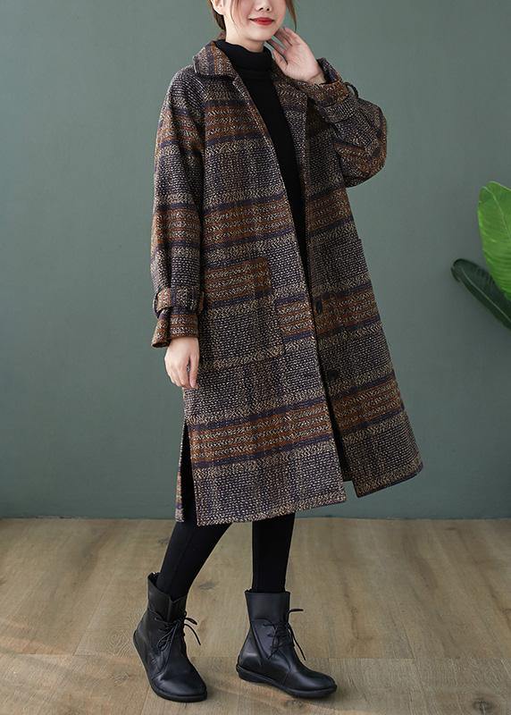 Elegant plaid Fine maxi coat Shape lapel side open coats