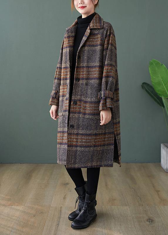 Elegant plaid Fine maxi coat Shape lapel side open coats