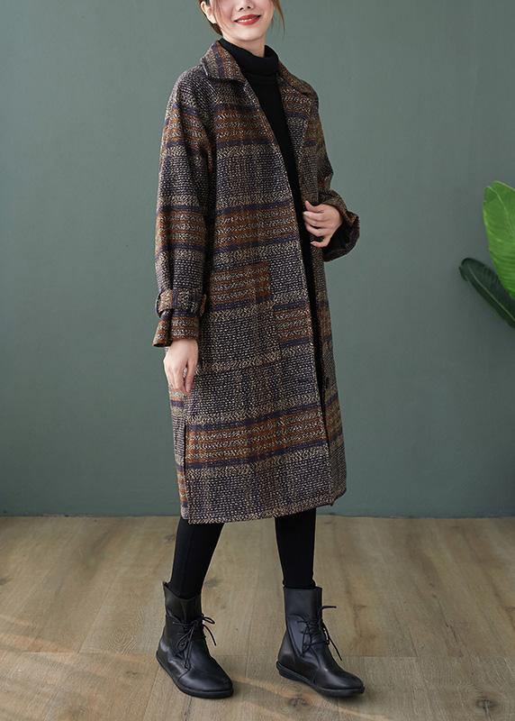 Elegant plaid Fine maxi coat Shape lapel side open coats