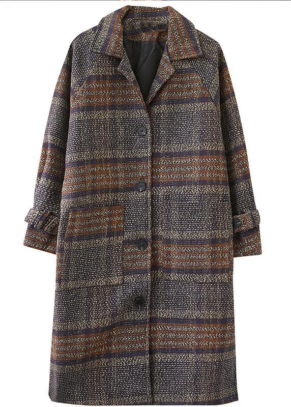 Elegant plaid Fine maxi coat Shape lapel side open coats