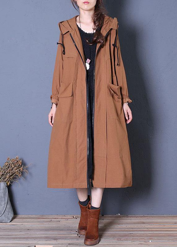 Elegant plus size long fall brown hooded drawstring coats