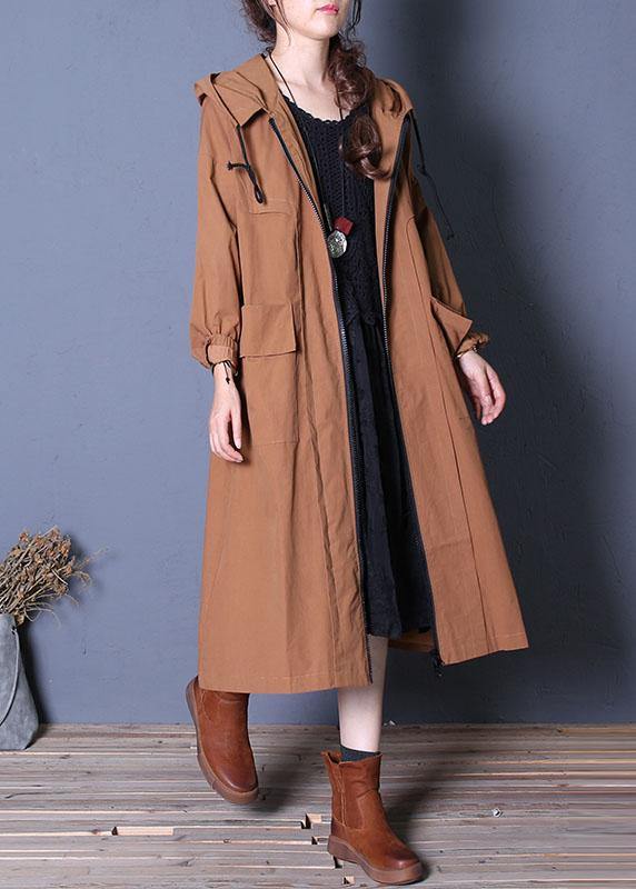 Elegant plus size long fall brown hooded drawstring coats