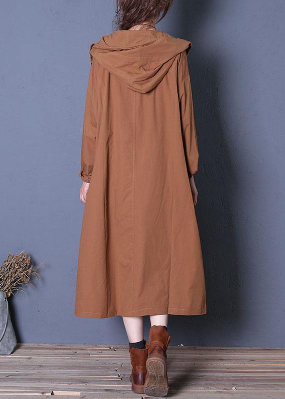 Elegant plus size long fall brown hooded drawstring coats