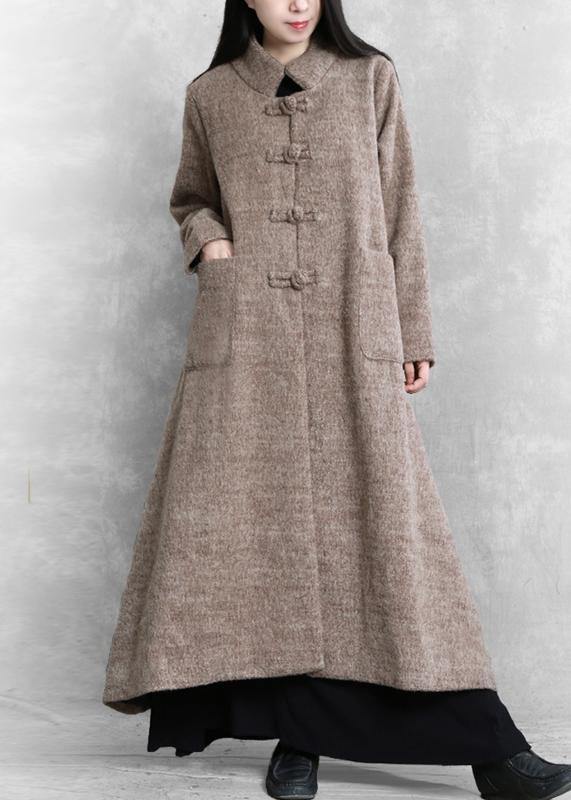 Elegant plus size long jackets women coats khaki stand collar large hem woolen coats