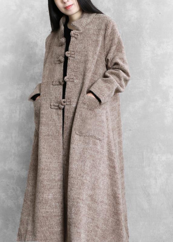 Elegant plus size long jackets women coats khaki stand collar large hem woolen coats