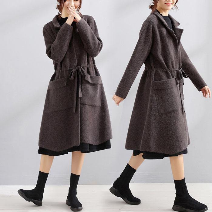 Elegant plus size maxi coat dark gray Square Collar tie waist jackets