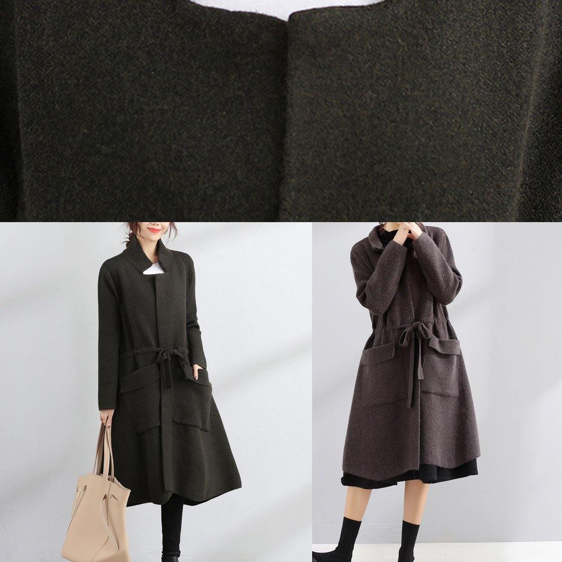 Elegant plus size maxi coat dark gray Square Collar tie waist jackets