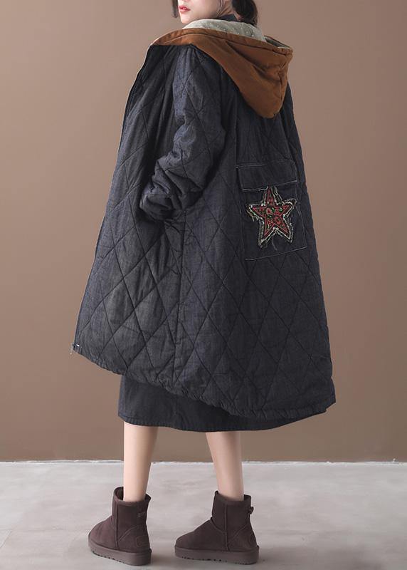 Elegant plus size warm winter coat hooded winter outwear black embroidery casual outfit