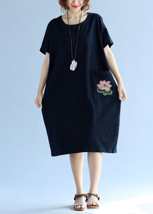 Elegant pockets Cotton clothes For Women black Dress Summer