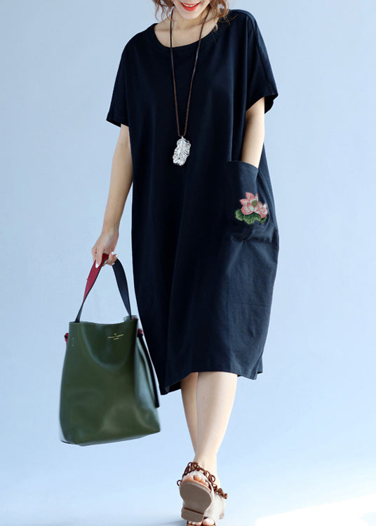 Elegant pockets Cotton clothes For Women black Dress Summer